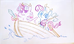 Size: 4096x2463 | Tagged: safe, artist:dawnfire, rarity, twilight sparkle, alicorn, pony, unicorn, g4, axe, boat, female, glowing horn, helmet, horn, horned helmet, mare, ocean, photo, sketch, sketches from a hat, sword, traditional art, twilight sparkle (alicorn), viking, viking helmet, weapon