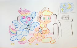 Size: 4096x2565 | Tagged: safe, artist:dawnfire, applejack, rainbow dash, earth pony, pegasus, pony, g4, clock, controller, couch, duo, female, food, mare, night, photo, popcorn, sketch, sketches from a hat, traditional art, video game, window