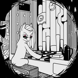 Size: 1280x1280 | Tagged: safe, artist:rosik, pony, unicorn, coffee pot, musical instrument, organ, pipe organ, red eyes take warning, spotlight, sunglasses, wires
