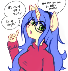 Size: 561x586 | Tagged: safe, artist:saikoot, oc, oc only, oc:logical leap, unicorn, anthro, anthro oc, blatant lies, clothes, dialogue, female, glasses, hairband, looking at you, mare, nerd, simple background, sweater, white background