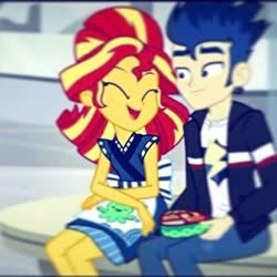 Size: 410x410 | Tagged: safe, edit, edited screencap, screencap, flash sentry, sunset shimmer, equestria girls, g4, good vibes, my little pony equestria girls: summertime shorts, cropped, female, male, ship:flashimmer, shipping, straight, sunset sushi