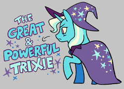 Size: 784x567 | Tagged: safe, artist:bonsaisonly, trixie, pony, unicorn, g4, clothes, female, gray background, simple background, solo, text