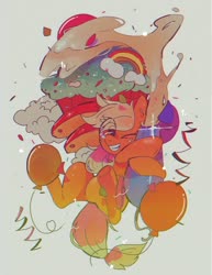 Size: 1191x1546 | Tagged: safe, artist:poneko-chan, applejack, earth pony, pony, g4, balloon, cupcake, female, food, frosting, rainbow, solo