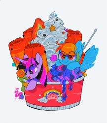 Size: 1753x2023 | Tagged: safe, artist:poneko-chan, rainbow dash, twilight sparkle, pegasus, pony, g4, blueberry, cup, duo, food, ice cream, ponies in food, starry eyes, strawberry, wingding eyes