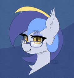 Size: 1384x1462 | Tagged: safe, artist:puetsua, oc, oc only, oc:eclipse lim, bat pony, pony, abstract background, bat pony oc, bust, chest fluff, ear fluff, fangs, female, glasses, lidded eyes, looking at you, mare, portrait, smiling, solo