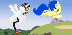 Size: 730x356 | Tagged: safe, artist:assistantaiding, oc, oc:aiding assistant, oc:lightning bliss, alicorn, pegasus, pony, female, flying, freckles, leonine tail, male, mare, multicolored hair, photo, rainbow hair, stallion, wings