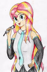 Size: 2108x3216 | Tagged: safe, artist:40kponyguy, derpibooru exclusive, sunset shimmer, equestria girls, g4, clothes, cosplay, costume, cute, female, hatsune miku, high res, looking at you, microphone, necktie, pleated skirt, simple background, skirt, solo, traditional art, vocaloid