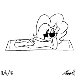 Size: 512x512 | Tagged: safe, artist:ozzyg, pinkie pie, earth pony, pony, g4, female, looking at you, mare, monochrome, on side, solo, sunglasses