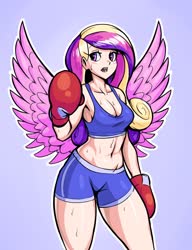 Size: 1500x1952 | Tagged: safe, artist:breadbirdart, princess cadance, human, g4, anime, belly button, blue background, blushing, boxing gloves, bra, breasts, cleavage, clothes, commission, female, humanized, midriff, simple background, solo, sports bra, sweat, winged humanization, wings