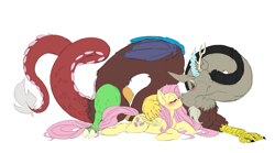 Size: 8093x4494 | Tagged: safe, artist:snspony, derpibooru exclusive, discord, fluttershy, draconequus, pegasus, pony, g4, adorasexy, blushing, cute, discute, female, kissing, male, sexy, ship:discoshy, shipping, shyabetes, straight