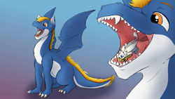 Size: 1755x987 | Tagged: safe, artist:nyama, artist:silent-e, color edit, edit, oc, oc only, oc:der, oc:nyama, dragon, griffon, colored, flossing, micro, open mouth, sketch, teeth