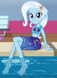 Size: 833x1125 | Tagged: safe, artist:grapefruitface1, trixie, equestria girls, equestria girls specials, g4, i'm on a yacht, my little pony equestria girls: better together, my little pony equestria girls: forgotten friendship, barefoot, belly button, bikini, bikini top, clothes, feet, female, looking at you, partially submerged, ripples, sarong, show accurate, solo, swimsuit, water
