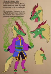 Size: 2147x3110 | Tagged: safe, artist:chili19, oc, oc:fredric, kirin, anthro, unguligrade anthro, angry, bust, clothes, frown, glowing hands, high res, kirin oc, open mouth, reference sheet, sharp teeth, teeth, transgender