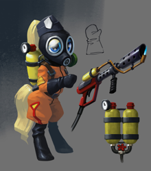 Size: 2054x2337 | Tagged: safe, oc, oc only, earth pony, anthro, bdsm: big drunk satanic massacre, bipedal, blonde, boots, clothes, concept art, female, flamethrower, game, gas mask, gloves, gun, hat, high res, mask, pyromaniac, rubber, shoes, solo, standing, video game, weapon