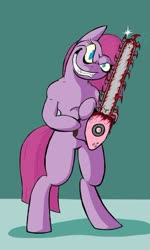 Size: 440x735 | Tagged: safe, alternate version, artist:lucas_gaxiola, pinkie pie, earth pony, pony, g4, bipedal, blood, chainsaw, cropped, female, grin, hoof hold, mare, pinkamena diane pie, smiling, smirk, solo