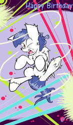 Size: 1728x2960 | Tagged: safe, artist:lucas_gaxiola, oc, oc only, pegasus, pony, abstract background, explosion, happy birthday, jumping, male, one eye closed, open mouth, pegasus oc, solo, stallion, underhoof, unshorn fetlocks, wings, wink