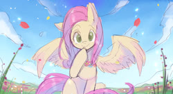 Size: 1342x733 | Tagged: safe, artist:hosikawa, fluttershy, pegasus, pony, g4, cloud, colored pupils, colored sketch, cute, female, looking at you, mare, one ear down, petals, shyabetes, sketch, sky, solo, spread wings, wings