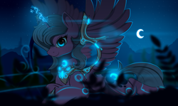 Size: 2800x1670 | Tagged: safe, artist:kody-arts, princess luna, alicorn, pony, g4, enhancements, female, futuristic, glowing cutie mark, glowing horn, hoof shoes, horn, mare, night, peytral, prone, smiling, solo, spread wings, wings