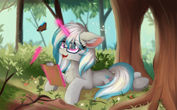Size: 1920x1200 | Tagged: safe, artist:lunar froxy, oc, oc only, oc:windshear, butterfly, pony, unicorn, chest fluff, clipboard, commission, ear fluff, eye clipping through hair, female, floppy ears, fluffy, forest, glasses, looking at something, lying down, magic, mare, nature, notepad, open mouth, open smile, pencil, prone, scenery, smiling, solo, telekinesis, tree