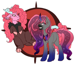Size: 1607x1394 | Tagged: safe, artist:azrealrou, oc, oc only, oc:crimson heart, oc:wonderland, draconequus, pony, corrupted, curved horn, duo, ethereal mane, female, horn, interspecies offspring, mare, offspring, parent:discord, parent:pinkie pie, parent:princess cadance, parent:shining armor, parents:discopie, parents:shiningcadance, peytral, starry mane