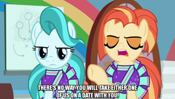 Size: 1280x720 | Tagged: safe, edit, edited screencap, screencap, lighthoof, shimmy shake, earth pony, pony, 2 4 6 greaaat, g4, caption, cheerleader, cheerleader outfit, clothes, eyes closed, female, image macro, mare, meme, raised hoof, rejection, text