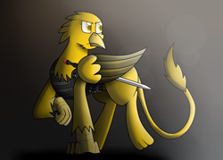 Size: 2800x2000 | Tagged: safe, artist:somber, oc, oc only, oc:golden flash, griffon, angry, armor, colored, female, griffon oc, high res, shadow, solo, sword, weapon