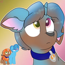 Size: 1250x1250 | Tagged: safe, artist:rainbow eevee, spring rain, dog, pony, unicorn, g4, character to character, chocolate labrador, collar, cute, gradient background, heterochromia, looking up, male to female, paw patrol, rule 63, rule63betes, simple background, transformation, transgender transformation, wat, zuma, zuma (paw patrol)