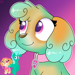 Size: 1250x1250 | Tagged: safe, artist:rainbow eevee, glitter drops, dog, pony, unicorn, g4, character to character, collar, cute, daaaaaaaaaaaw, female, gradient background, grin, looking at something, paw patrol, pink eyes, purple eyes, simple background, skye (paw patrol), smiling, transformation