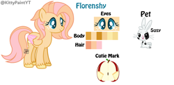 Size: 2448x1208 | Tagged: safe, artist:kittypaintyt, artist:sunriseauburn, oc, oc only, oc:florenshy, oc:sussy, pegasus, pony, rabbit, animal, apple, base used, blue eyes, coat markings, color palette, colored wings, cutie mark, duo, duo oc, eye, eyes, female, filly, food, freckles, offspring, orange coat, parent:angel bunny, parent:big macintosh, parent:fluttershy, parents:fluttermac, pet oc, reference sheet, solo, two toned mane, two toned tail, unshorn fetlocks, watermark, wings