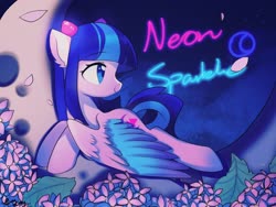 Size: 2048x1536 | Tagged: safe, artist:twily27889053, oc, oc only, oc:neon sparkle, pegasus, pony, crescent moon, female, flower, mare, moon, pegasus oc, prone, solo, spread wings, text, wings