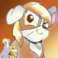 Size: 1250x1250 | Tagged: safe, artist:rainbow eevee, derpy hooves, dog, pegasus, pony, g4, character to character, collar, cute, derp, eyebrows, eyelashes, gradient background, male to female, paw patrol, rubble, rubble (paw patrol), rule 63, rule63betes, transformation, transgender transformation, wat