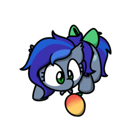 Size: 1000x1000 | Tagged: safe, artist:sugar morning, oc, oc only, oc:lunar aurora, bat pony, pony, animated, behaving like a cat, bow, colored, commission, cute, cutie mark, female, food, frame by frame, gif, mango, simple background, solo, sugar morning's play time, transparent background, ych result