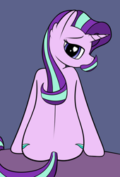 Size: 1700x2500 | Tagged: safe, artist:shobieshy, derpibooru exclusive, starlight glimmer, pony, unicorn, g4, back, both cutie marks, butt shot, female, heart eyes, looking at you, mare, simple background, sitting, solo, wingding eyes