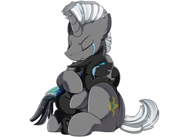 Size: 3030x2400 | Tagged: safe, artist:pridark, oc, oc only, oc:chitter, oc:shield polish, changeling, pony, unicorn, fanfic:from under the love seat, changeling oc, comforting, commission, crying, cutie mark, eyes closed, fanfic art, father and child, father and son, grieving, high res, male, simple background, sitting, transparent background