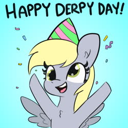 Size: 1125x1125 | Tagged: safe, artist:lurks-no-more, artist:tjpones edits, color edit, edit, derpy hooves, pegasus, pony, g4, chest fluff, colored, confetti, derpy day, derpy day 2020, female, hat, party hat, simple background, solo