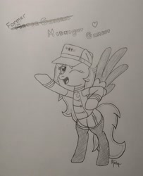 Size: 2425x2986 | Tagged: safe, artist:ponynamedmixtape, oc, oc only, oc:midnight gambit, pegasus, pony, fallout equestria, bipedal, clothes, enclave, female, garter belt, garters, grand pegasus enclave, hat, high res, monochrome, one eye closed, solo, stockings, story included, thigh highs, traditional art, uniform