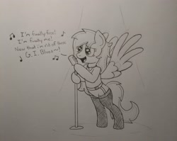 Size: 3464x2751 | Tagged: safe, artist:ponynamedmixtape, oc, oc only, oc:midnight gambit, pegasus, pony, fallout equestria, bipedal, clothes, female, garter belt, garters, happy, high res, jewelry, microphone, necklace, singing, socks, solo, stockings, thigh highs, traditional art