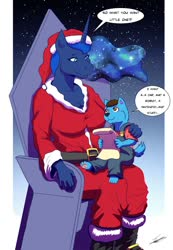 Size: 886x1280 | Tagged: safe, artist:beowulf100, princess luna, oc, oc:wolzard, alicorn, wolf, anthro, g4, chair, child, christmas, clothes, commission, costume, digital art, holiday, horn, paper, puppy, santa costume, speech bubble, text
