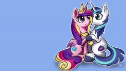 Size: 3840x2160 | Tagged: safe, artist:sadtrooper, princess cadance, shining armor, alicorn, pony, unicorn, g4, 16:9, blue background, cute, female, high res, holding hooves, holiday, hoof shoes, jewelry, looking at each other, male, mare, outline, regalia, ship:shiningcadance, shipping, simple background, sitting, stallion, straight, tiara, unshorn fetlocks, valentine's day, wallpaper, white outline