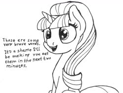 Size: 1280x970 | Tagged: safe, artist:ewoudcponies, starlight glimmer, pony, unicorn, g4, black and white, dialogue, female, grayscale, monochrome, s5 starlight, solo, traditional art