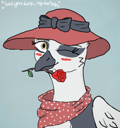 Size: 554x593 | Tagged: safe, artist:voss corsair, oc, oc only, oc:princess lycklig, griffon, equestria at war mod, blushing, clothes, darling, flower in mouth, griffon oc, hat, one eye closed, rose, rose in mouth, solo, wink