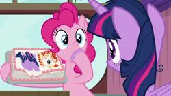 Size: 1920x1080 | Tagged: safe, screencap, pinkie pie, twilight sparkle, alicorn, earth pony, pony, a trivial pursuit, g4, awkward, cake, cute, diapinkes, duo, eating, female, food, frown, hoof hold, hoof in mouth, looking at each other, mare, messy mane, pinkie being pinkie, twilight sparkle (alicorn)