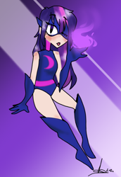 Size: 450x654 | Tagged: safe, artist:demonfluffowo, twilight sparkle, human, g4, boots, humanized, magic gaia, shoes, superhero, thigh boots, tongue out