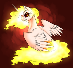 Size: 1719x1587 | Tagged: safe, artist:not-ordinary-pony, derpibooru exclusive, daybreaker, alicorn, pony, g4, ear fluff, fangs, female, looking at you, mane of fire, mare, missing accessory, smiling, solo, teeth, wings