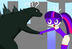 Size: 828x567 | Tagged: safe, artist:alastairwelty, sci-twi, twilight sparkle, human, kaiju, equestria girls, g4, boots, excited, exclamation point, female, giantess, godzilla, godzilla (series), handshake, human coloration, macro, magic gaia, question mark, sci-titan, shoes, superhero, thigh boots