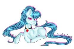 Size: 1800x1200 | Tagged: safe, artist:zima, sonata dusk, earth pony, pony, equestria girls, g4, my little pony equestria girls: rainbow rocks, disguise, disguised siren, eyeshadow, female, gem, jewelry, looking at you, makeup, necklace, paint tool sai, pendant, ponytail, prone, simple background, siren gem, smiling, smiling at you, solo, transparent background
