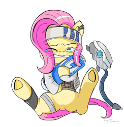 Size: 1056x1080 | Tagged: safe, artist:abracadabra, derpibooru exclusive, fluttershy, pony, g4, apex legends, crossover, female, one eye closed, simple background, solo, teary eyes, transparent background, underhoof