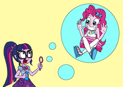 Size: 1329x940 | Tagged: safe, artist:bugssonicx, pinkie pie, sci-twi, twilight sparkle, human, equestria girls, equestria girls series, g4, blowing bubbles, bowtie, bubble, bubble wand, clothes, female, floating, geode of telekinesis, glasses, hairpin, in bubble, magical geodes, pantyhose, pinkie being pinkie, ponytail, sandals, simple background, skirt, surprised, tank top, trapped, yellow background