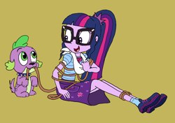 Size: 1370x965 | Tagged: safe, artist:bugssonicx, sci-twi, spike, spike the regular dog, twilight sparkle, dog, human, equestria girls, equestria girls series, g4, bowtie, clothes, collar, cute, female, glasses, gold background, ponytail, rope, shoes, skirt, socks, spikabetes, tied, twiabetes, untying