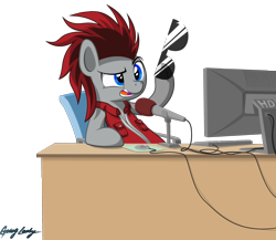 Size: 2272x1975 | Tagged: safe, artist:le-23, oc, oc only, oc:redcord pony, earth pony, pony, clothes, computer, high res, male, microphone, simple background, solo, stallion, sunglasses, transparent background, vest
